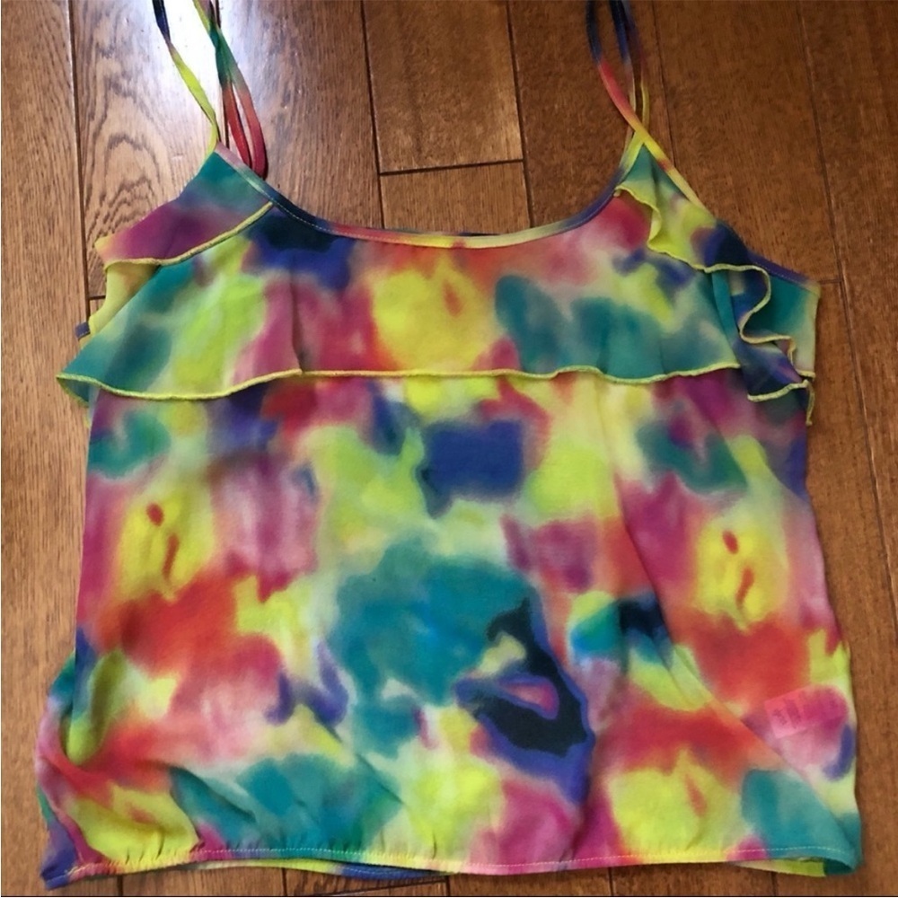❤️ 2/$15 Multicolor Tie-Dye Women's rainbow heat colorful ruffle cami tank Top